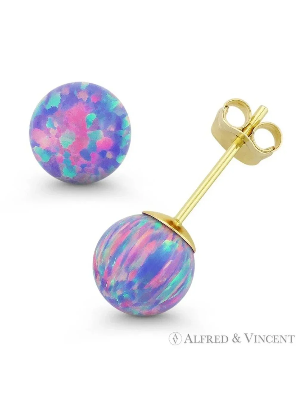 Fiery Lavender Lab Opal Ball Butterfly-Pushback Stud Earrings in 14k Yellow Gold